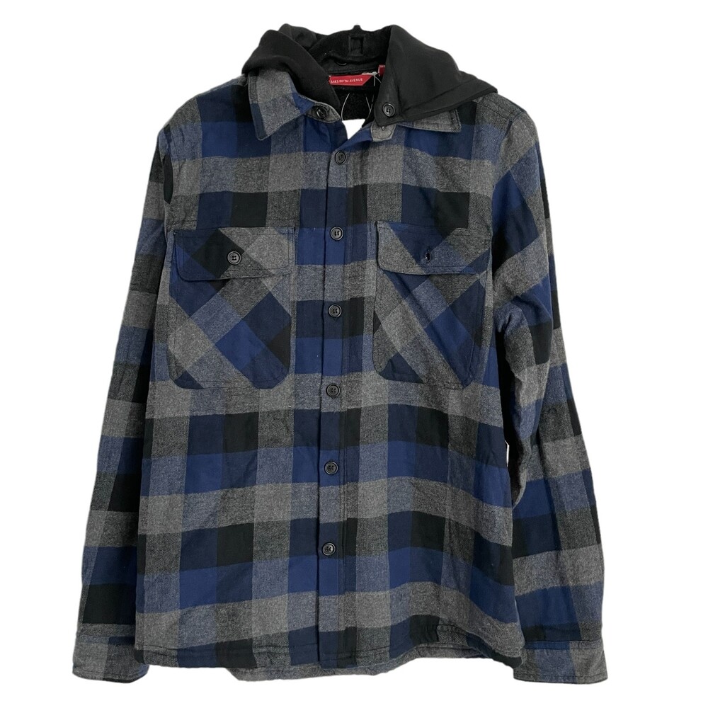 Saks Fifth Avenue Plaid Shaket Hoodie Blue Black Small